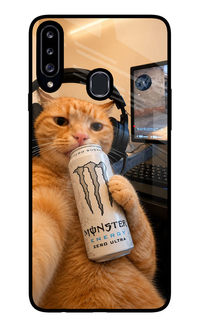 Gamer Cat Energy Samsung A20s Glass Case Back Cover by Casekaro