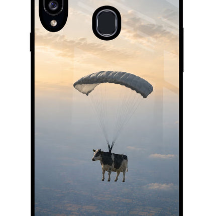 Skydiving Cow Samsung A20s Glass Case Back Cover by Casekaro