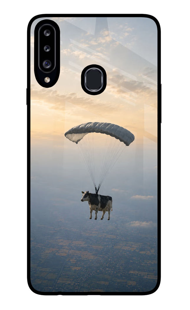 Skydiving Cow Samsung A20s Glass Case Back Cover by Casekaro