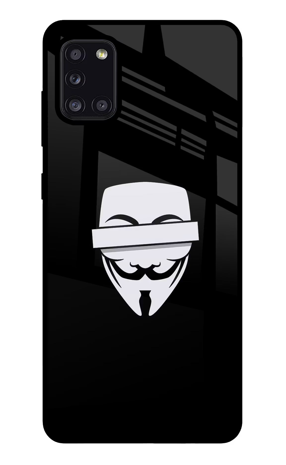 Anonymous Face Samsung A31 Glass Case Back Cover by Casekaro