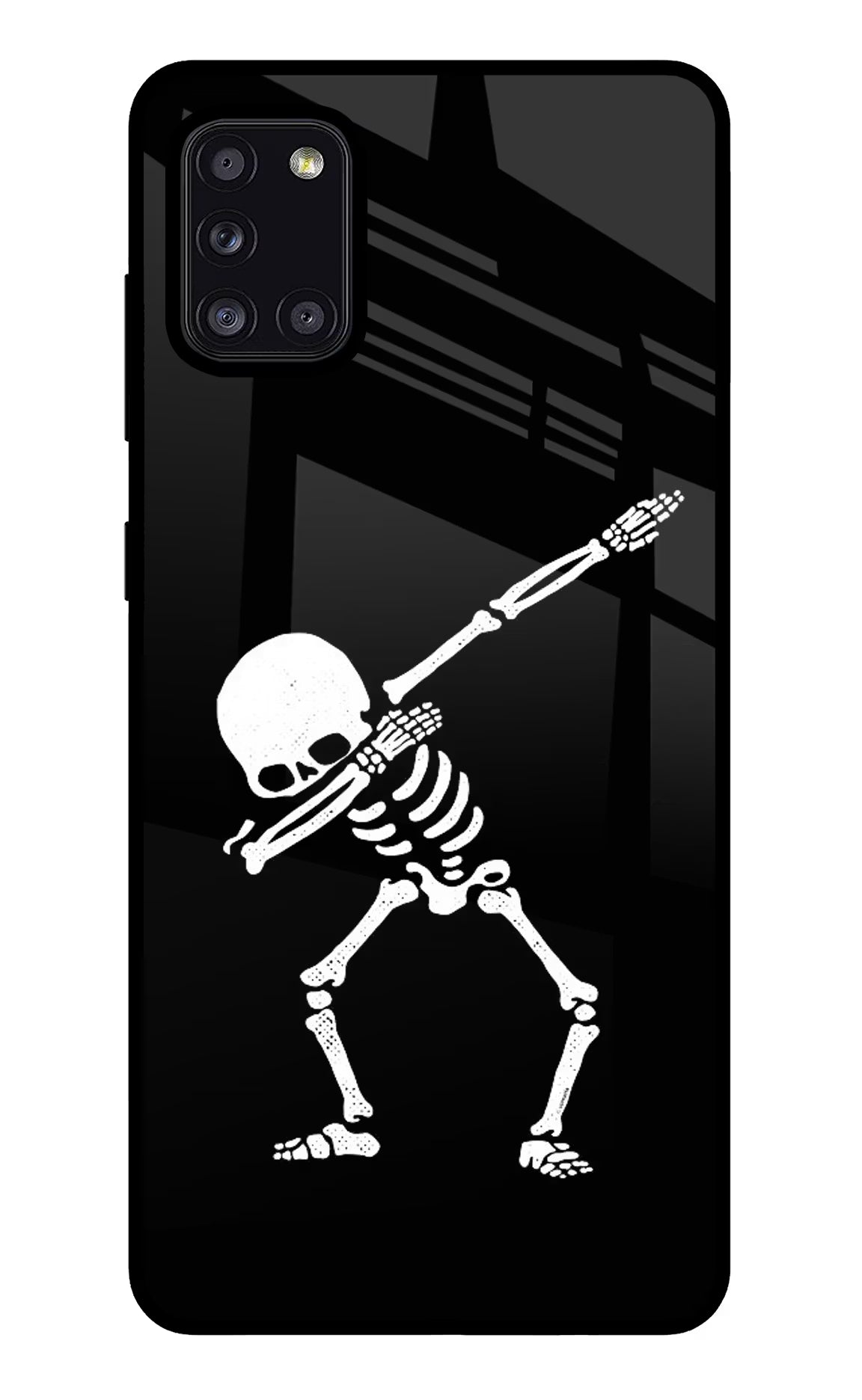 Dabbing Skeleton Art Samsung A31 Glass Case Back Cover by Casekaro