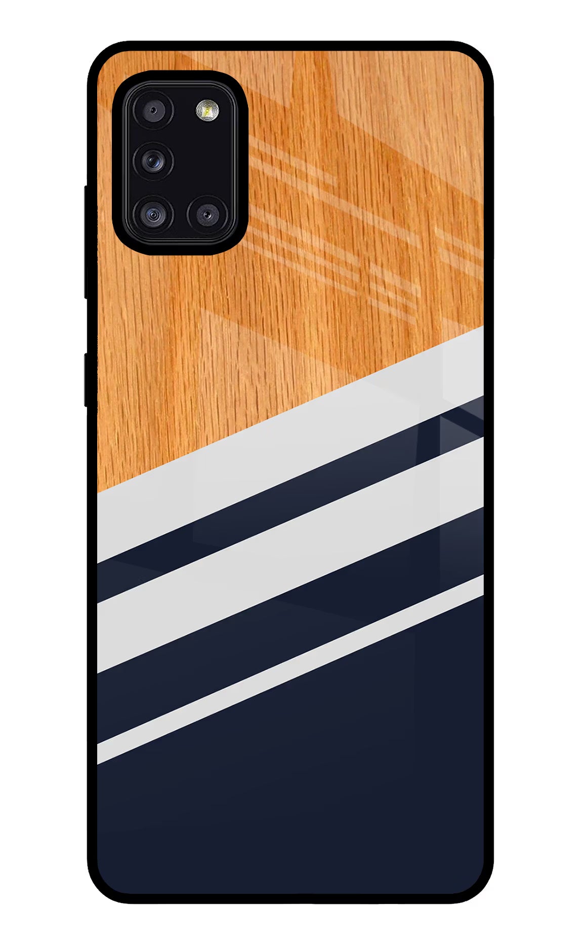 Blue and white wooden Samsung A31 Glass Case