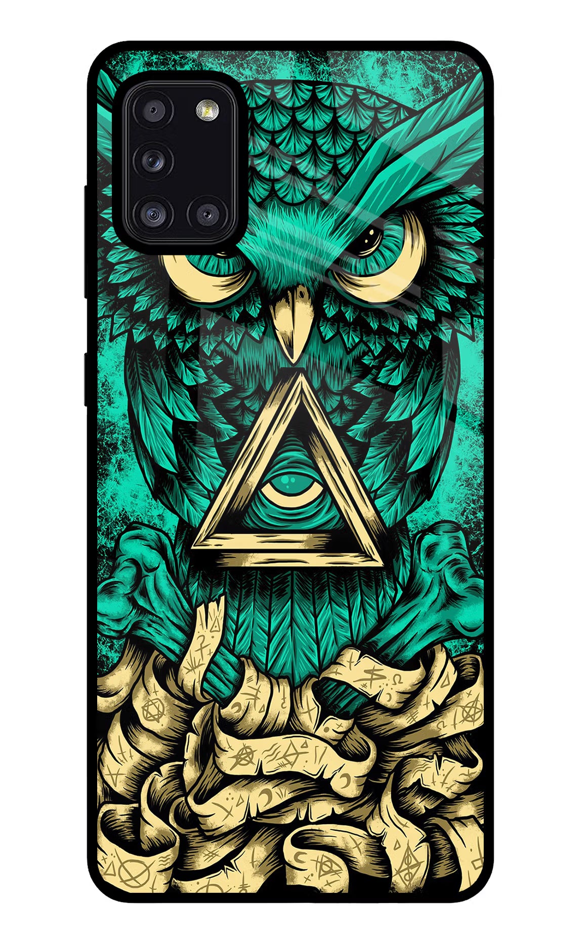 Green Owl Samsung A31 Glass Case Back Cover by Casekaro