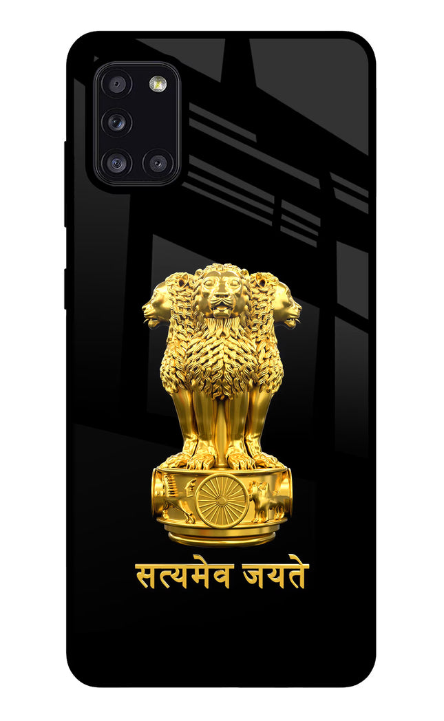 Satyamev Jayate Golden Samsung A31 Glass Case Back Cover by Casekaro