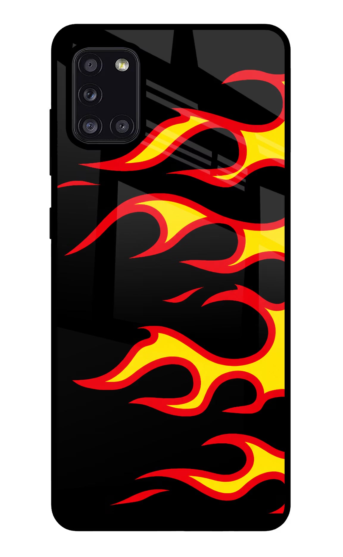 Side Sweep Flames Samsung A31 Glass Case Back Cover by Casekaro
