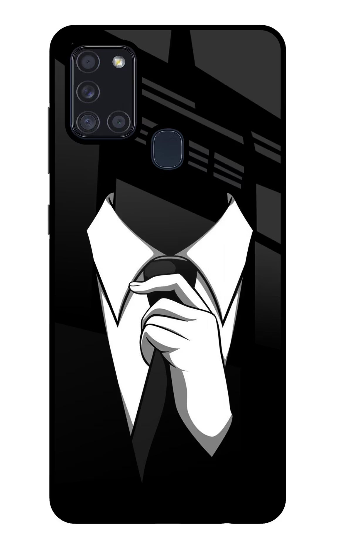 Black Tie Samsung A21s Glass Case Back Cover by Casekaro