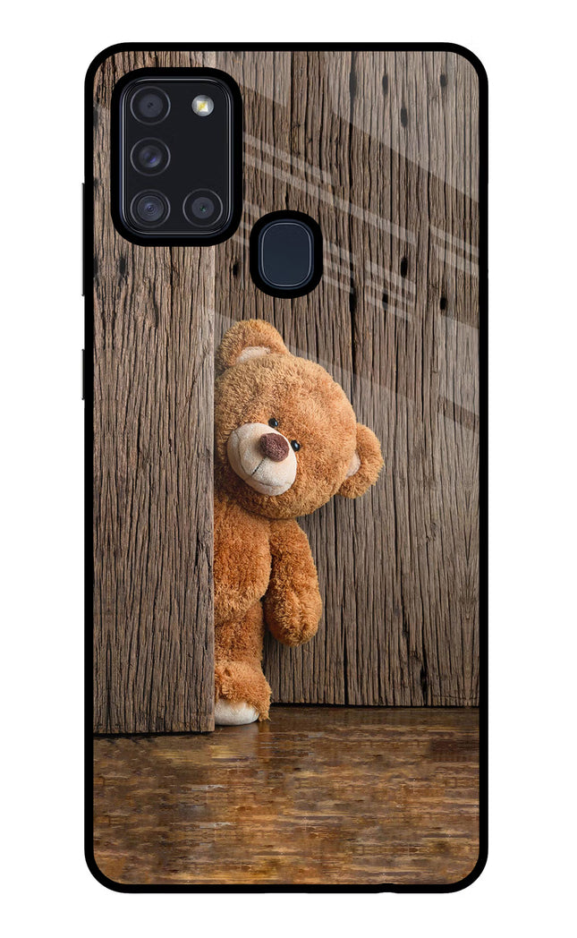 Teddy Wooden Samsung A21s Glass Case Back Cover by Casekaro