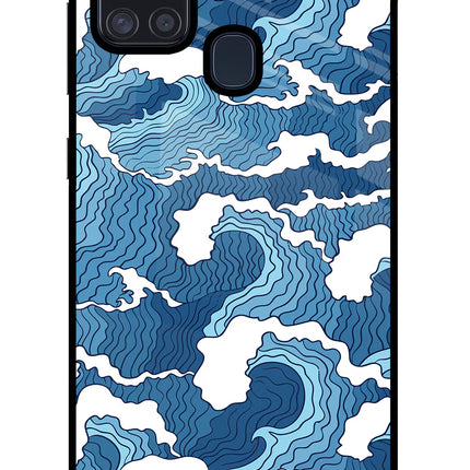 Blue Waves Samsung A21s Glass Case Back Cover by Casekaro