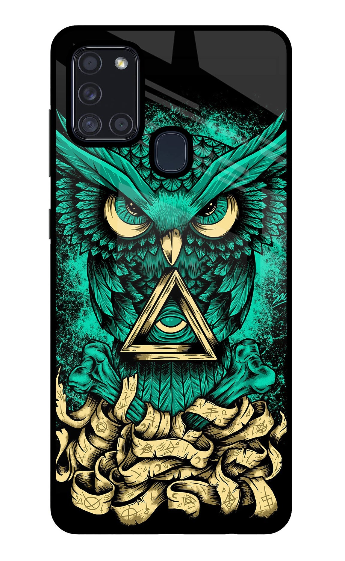 Green Owl Samsung A21s Glass Case