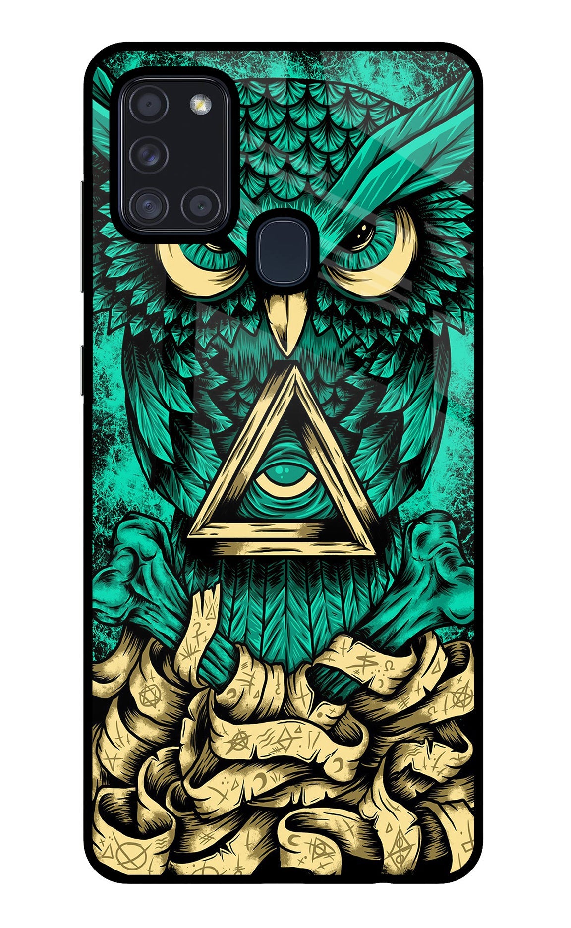 Green Owl Samsung A21s Glass Case