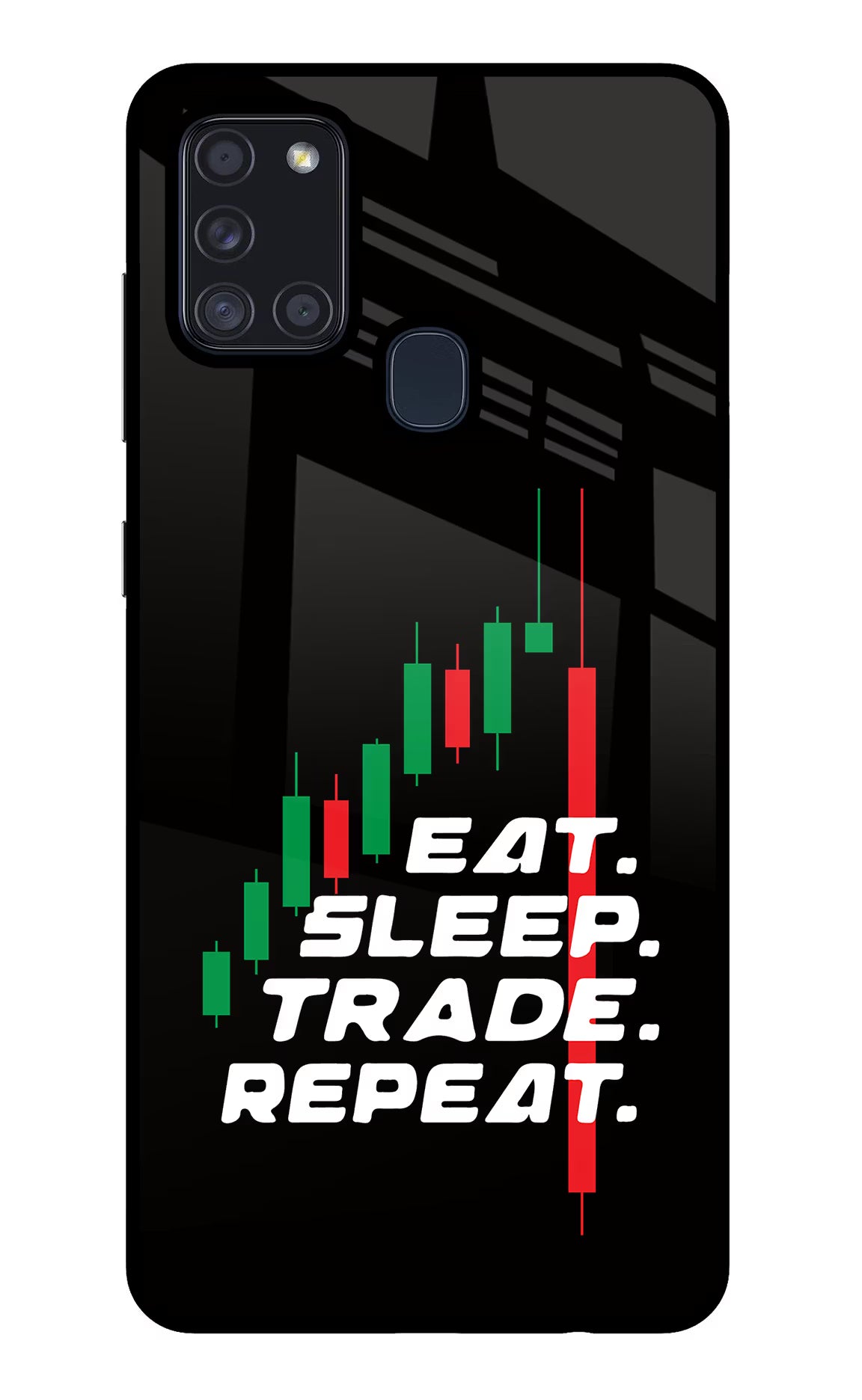 Eat Sleep Trade Repeat Samsung A21s Glass Case Back Cover by Casekaro
