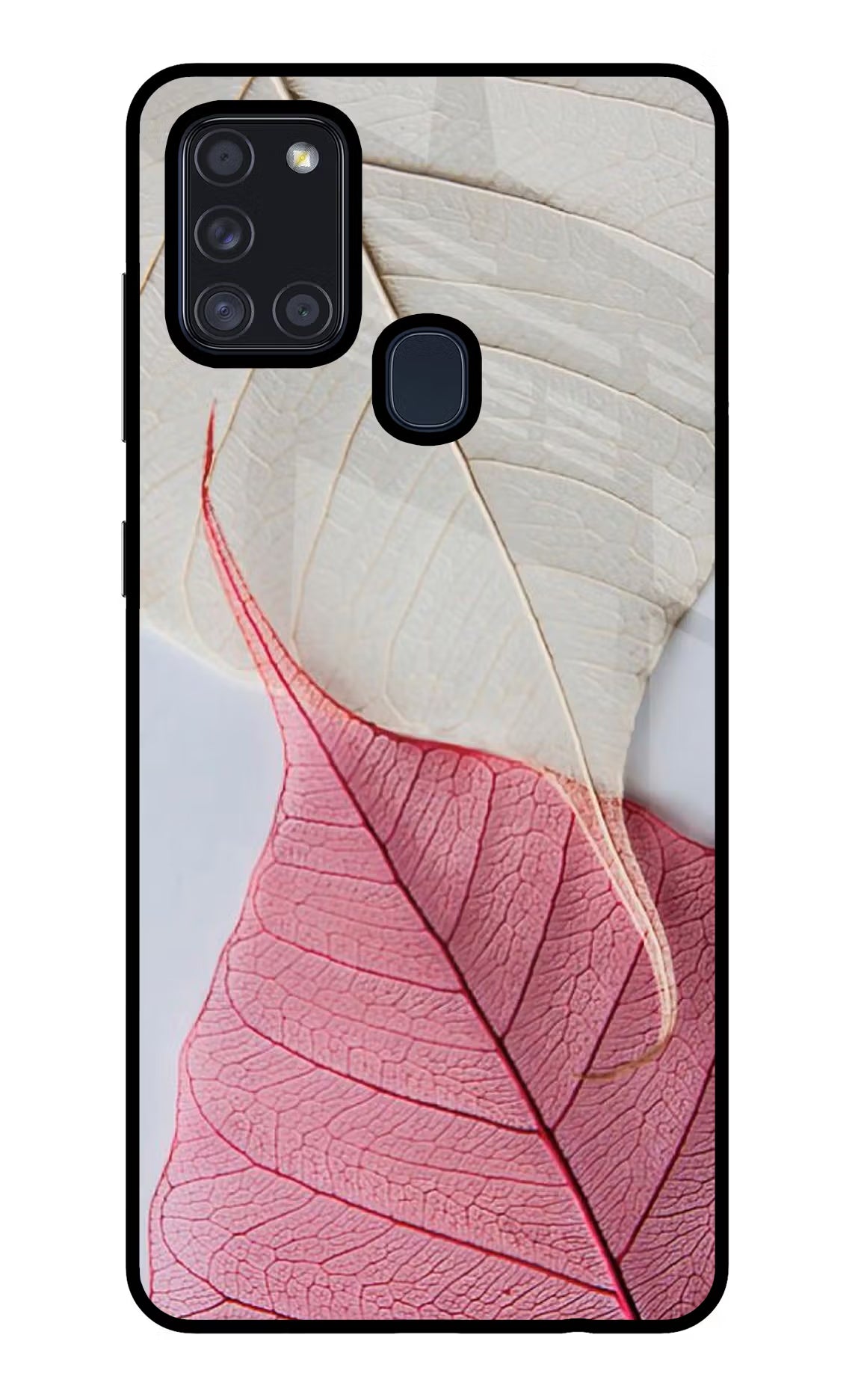 White Pink Leaf Samsung A21s Glass Case Back Cover by Casekaro