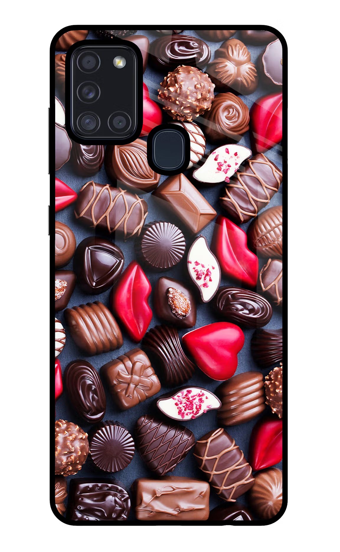 Chocolates Samsung A21s Glass Case Back Cover by Casekaro