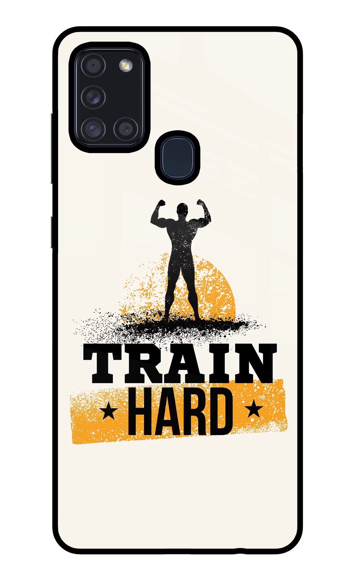 Train Hard Samsung A21s Glass Case Back Cover by Casekaro