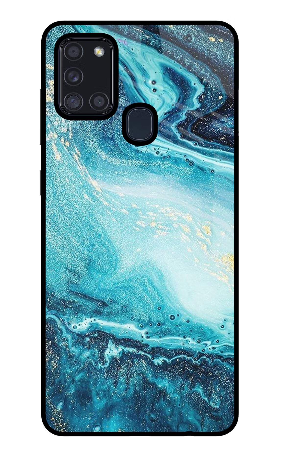 Blue Glitter Marble Samsung A21s Glass Case Back Cover by Casekaro