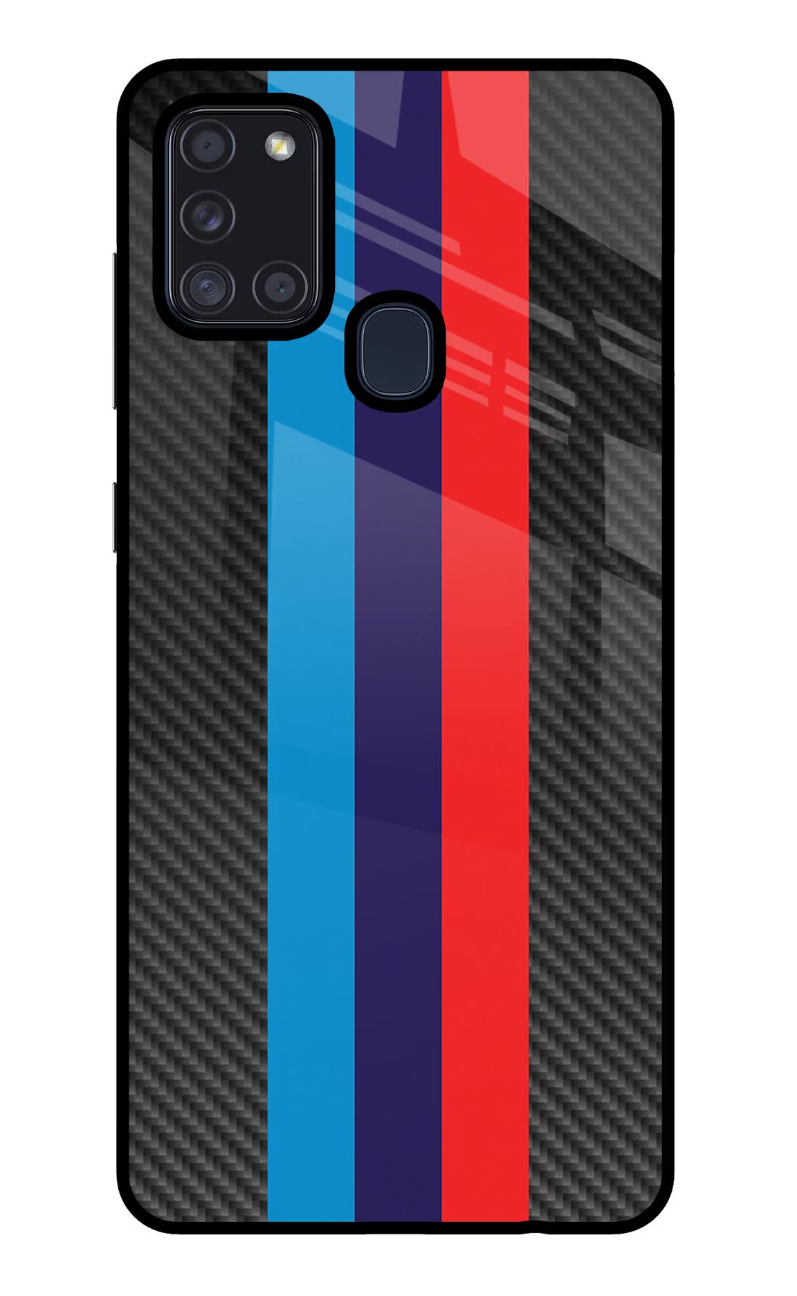 BMW Stripes Pattern Samsung A21s Glass Case Back Cover by Casekaro