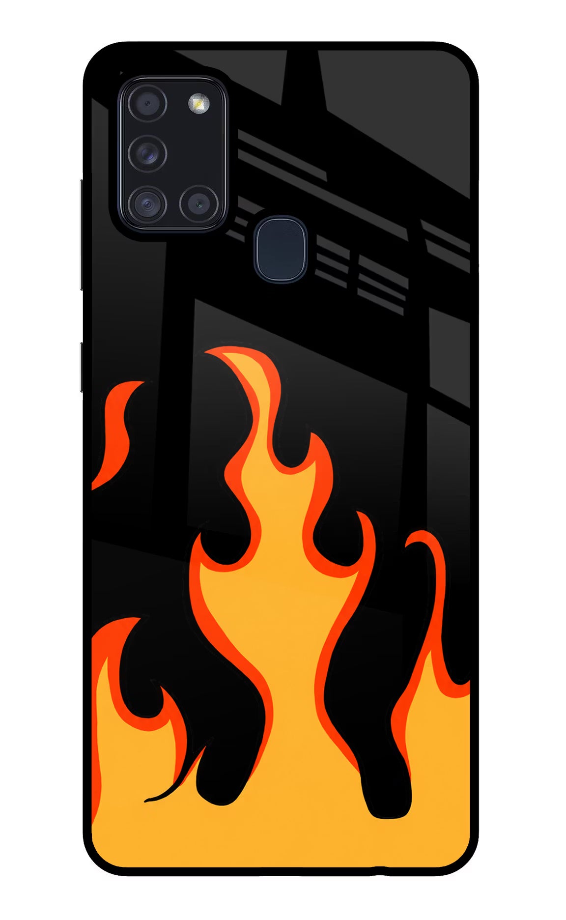 Fired Up – Black Samsung A21s Glass Case Back Cover by Casekaro