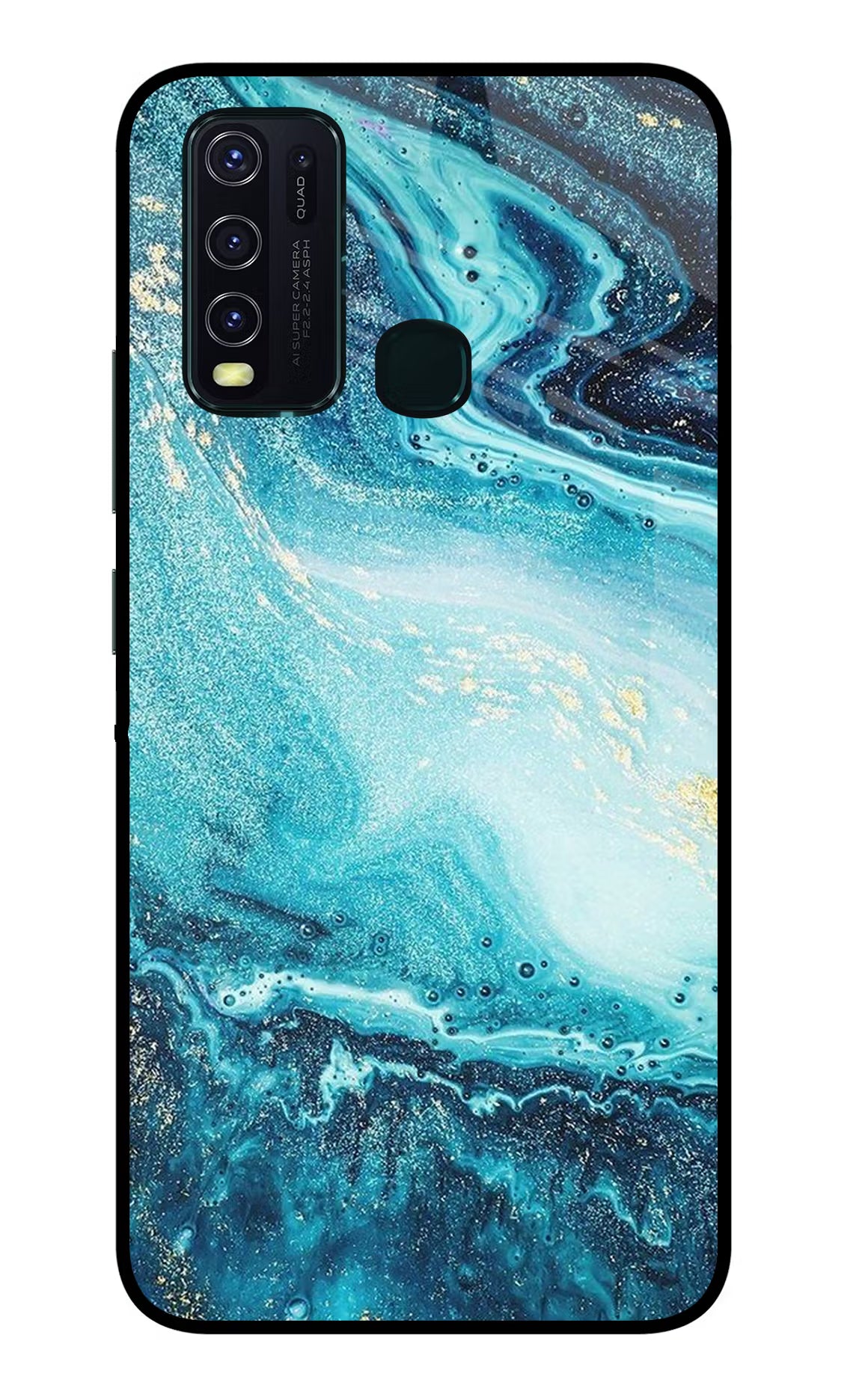 Blue Glitter Marble Vivo Y30/Y50 Glass Case Back Cover by Casekaro