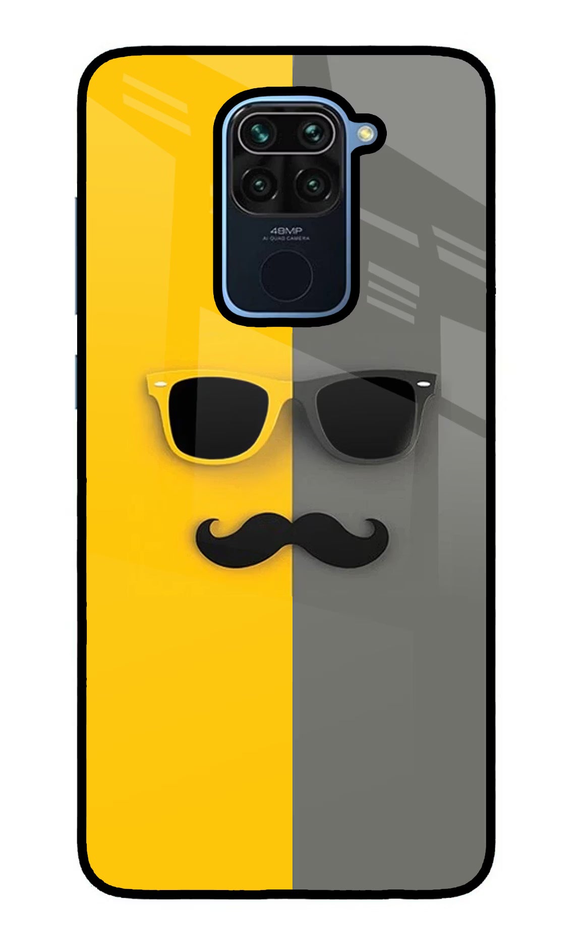 Sunglasses with Mustache Redmi Note 9 Glass Case Back Cover by Casekaro
