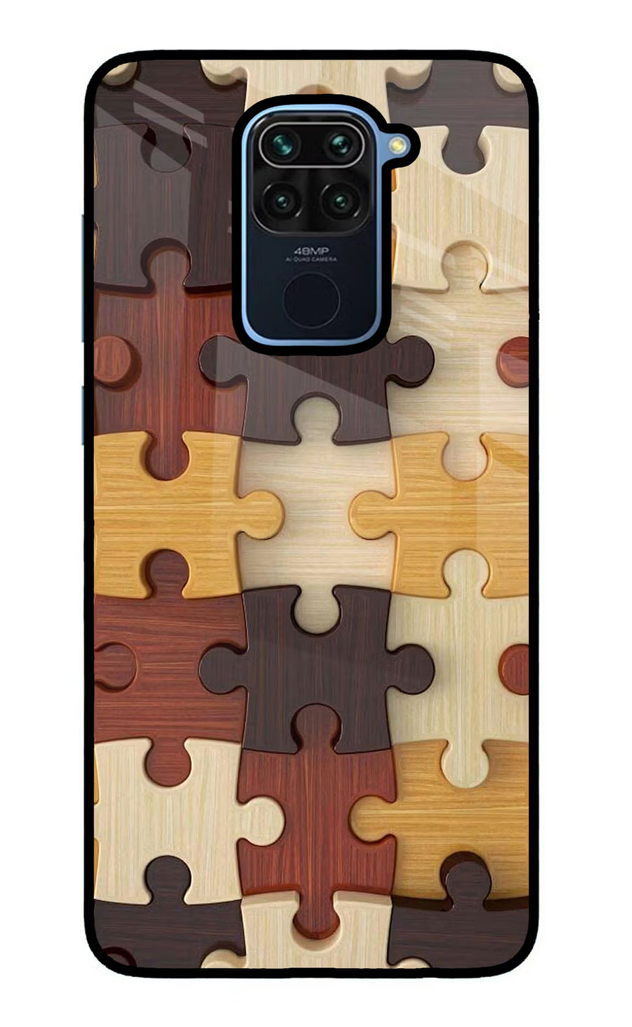 Wooden Puzzle Redmi Note 9 Back Cover, Glass case