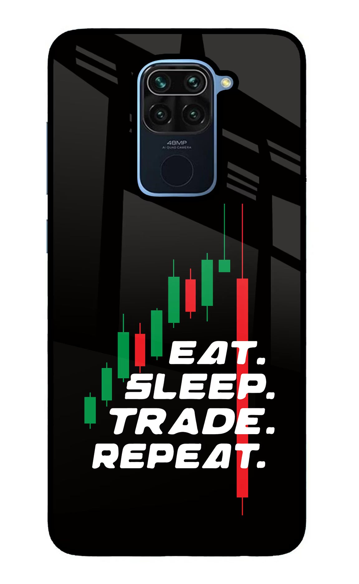 Eat Sleep Trade Repeat Redmi Note 9 Glass Case Back Cover by Casekaro