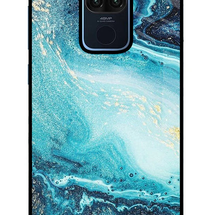 Blue Glitter Marble Redmi Note 9 Glass Case Back Cover by Casekaro