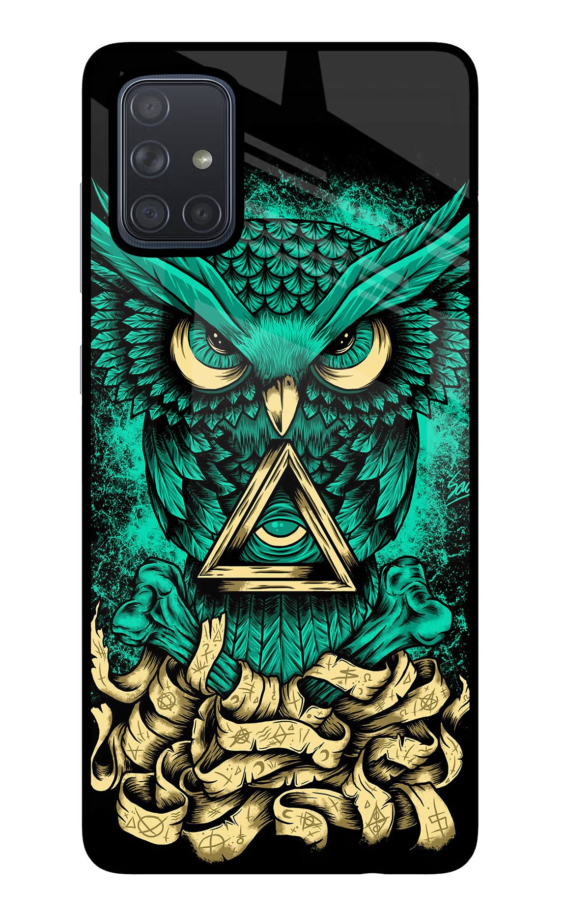 Green Owl Samsung A71 Glass Case Back Cover by Casekaro