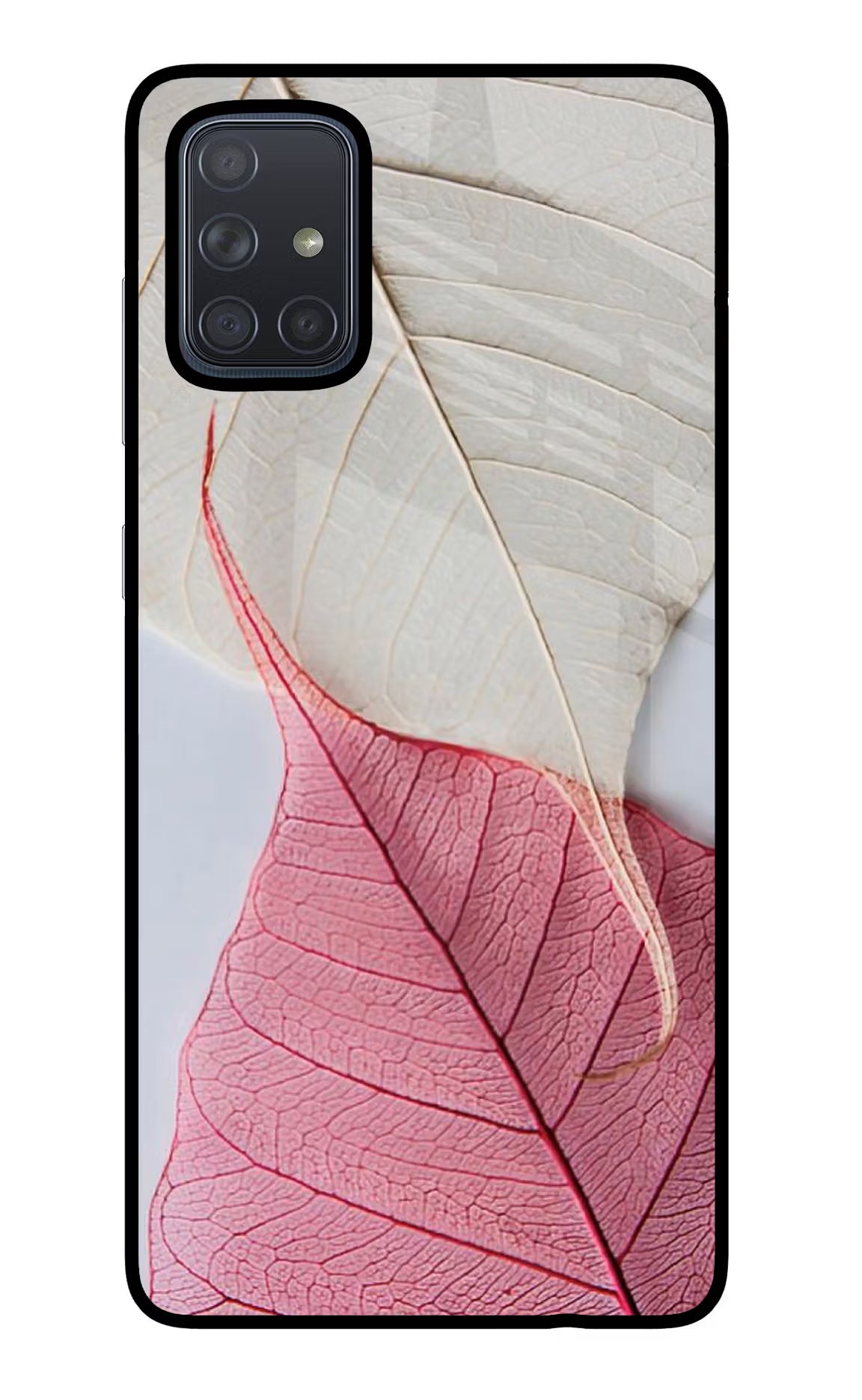 White Pink Leaf Samsung A71 Glass Case Back Cover by Casekaro