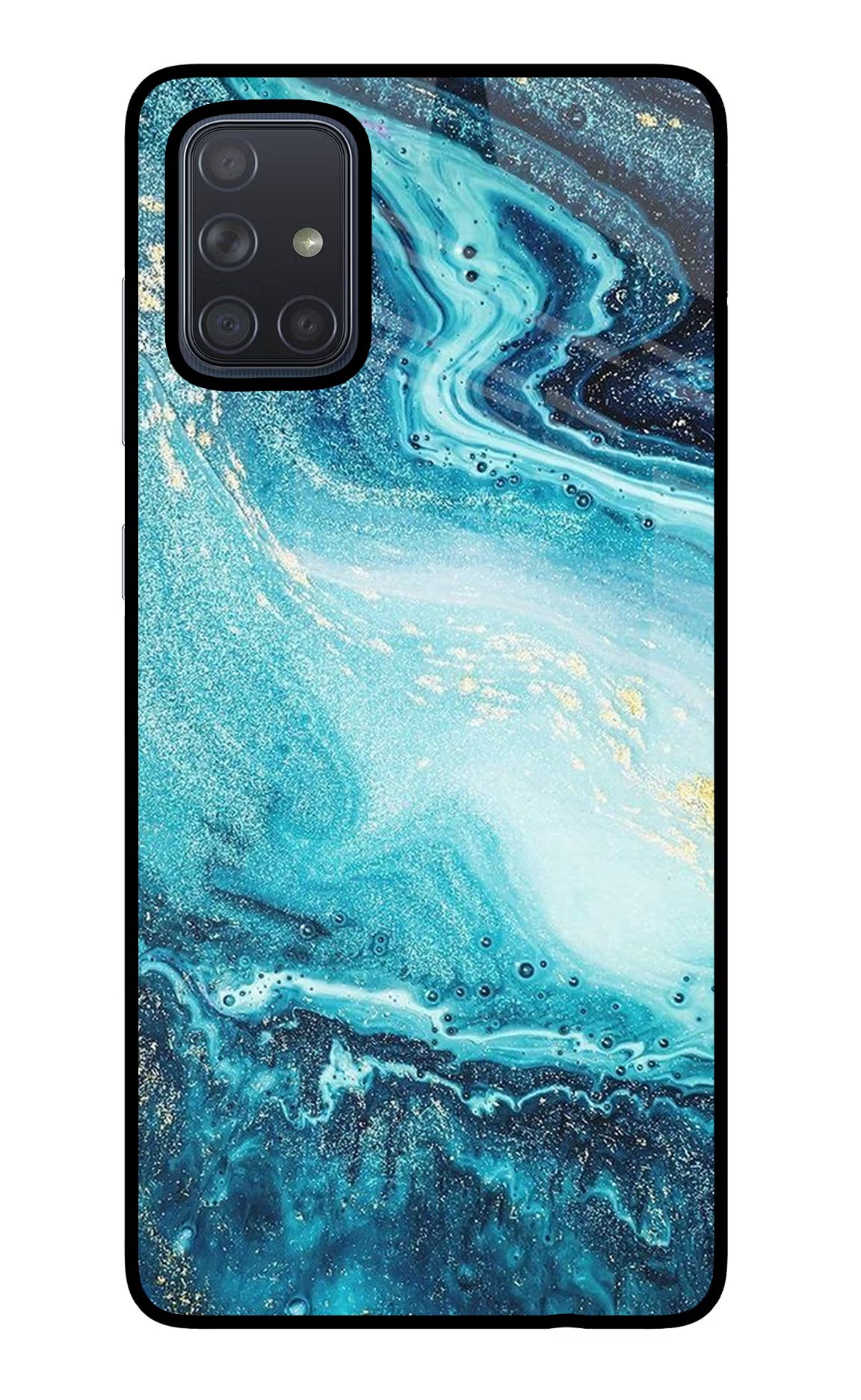 Blue Glitter Marble Samsung A71 Glass Case Back Cover by Casekaro
