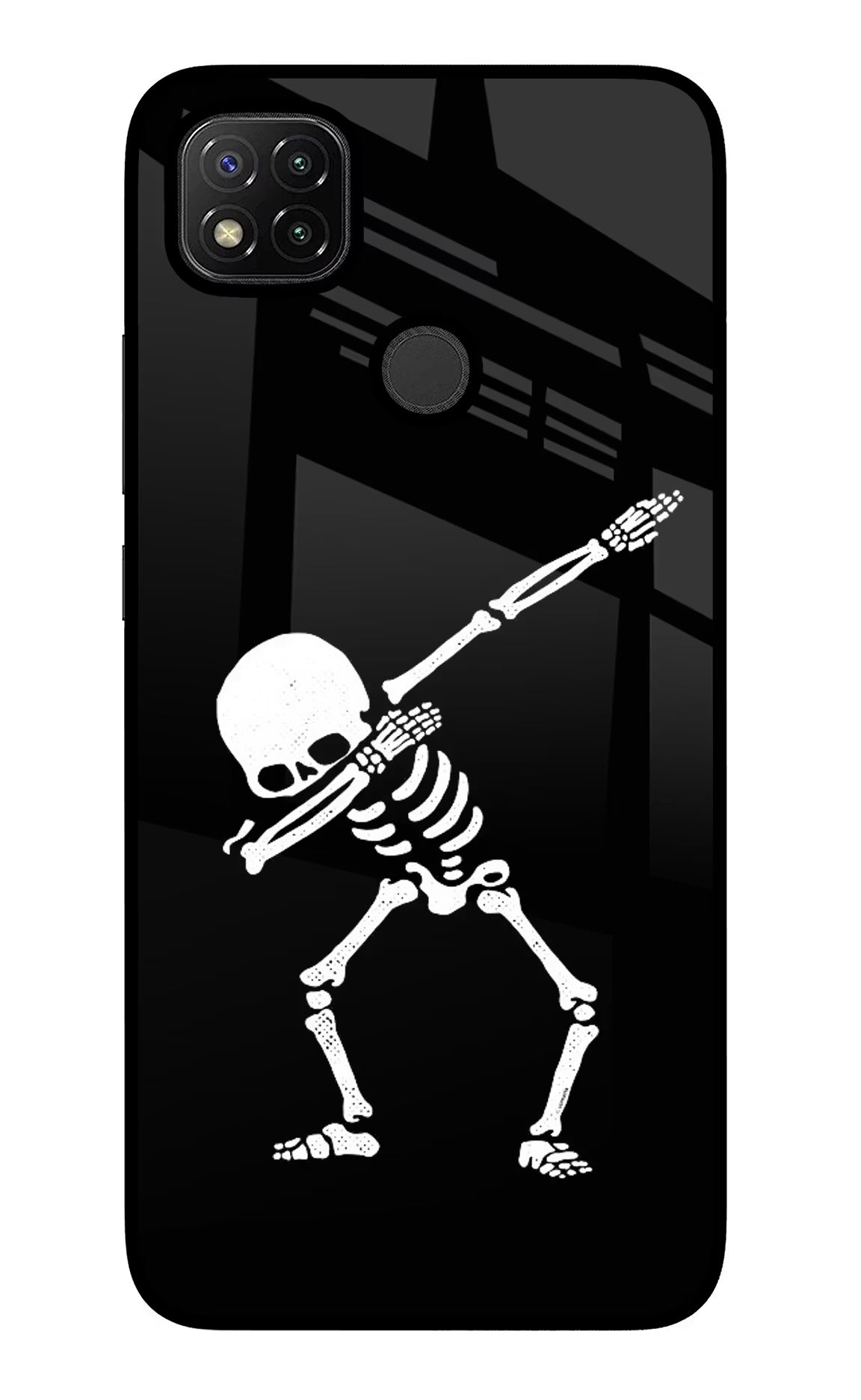 Dabbing Skeleton Art Redmi 9 Glass Case Back Cover by Casekaro