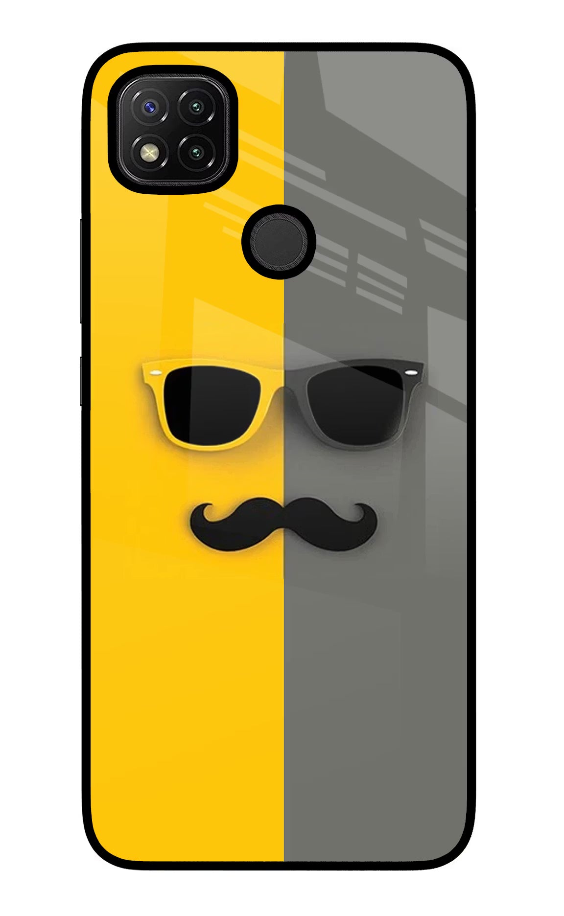 Sunglasses with Mustache Redmi 9 Glass Case Back Cover by Casekaro