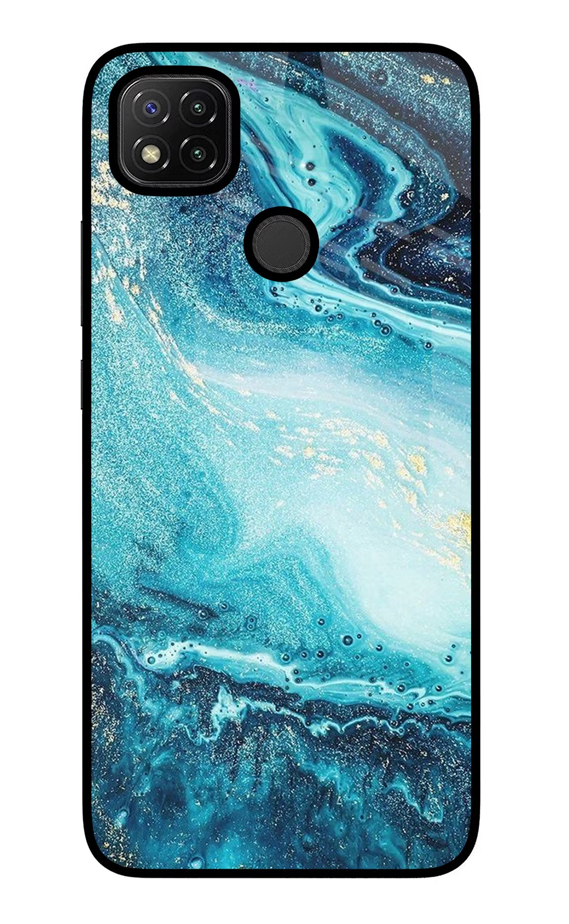 Blue Glitter Marble Redmi 9 Glass Case Back Cover by Casekaro