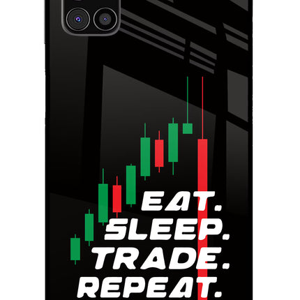 Eat Sleep Trade Repeat Samsung M31s Glass Case Back Cover by Casekaro