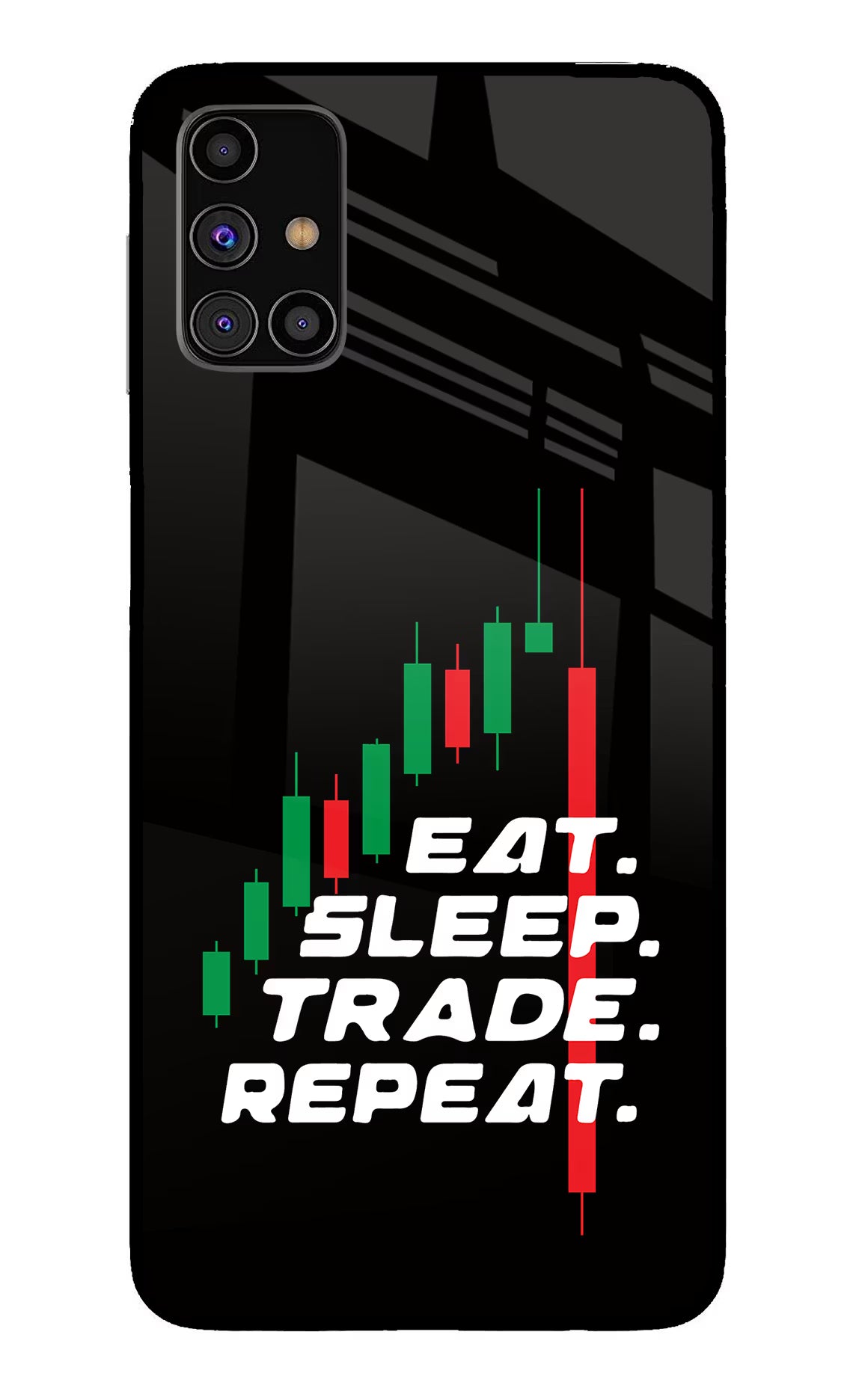 Eat Sleep Trade Repeat Samsung M31s Glass Case Back Cover by Casekaro