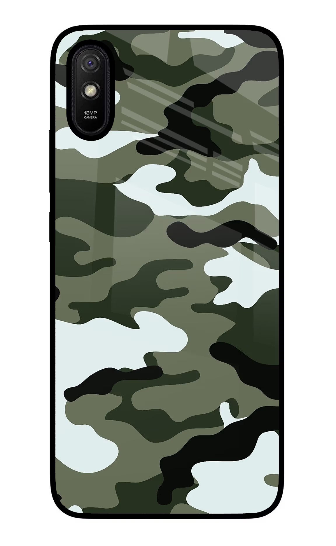 Camouflage Redmi 9A/9i Glass Case Back Cover by Casekaro