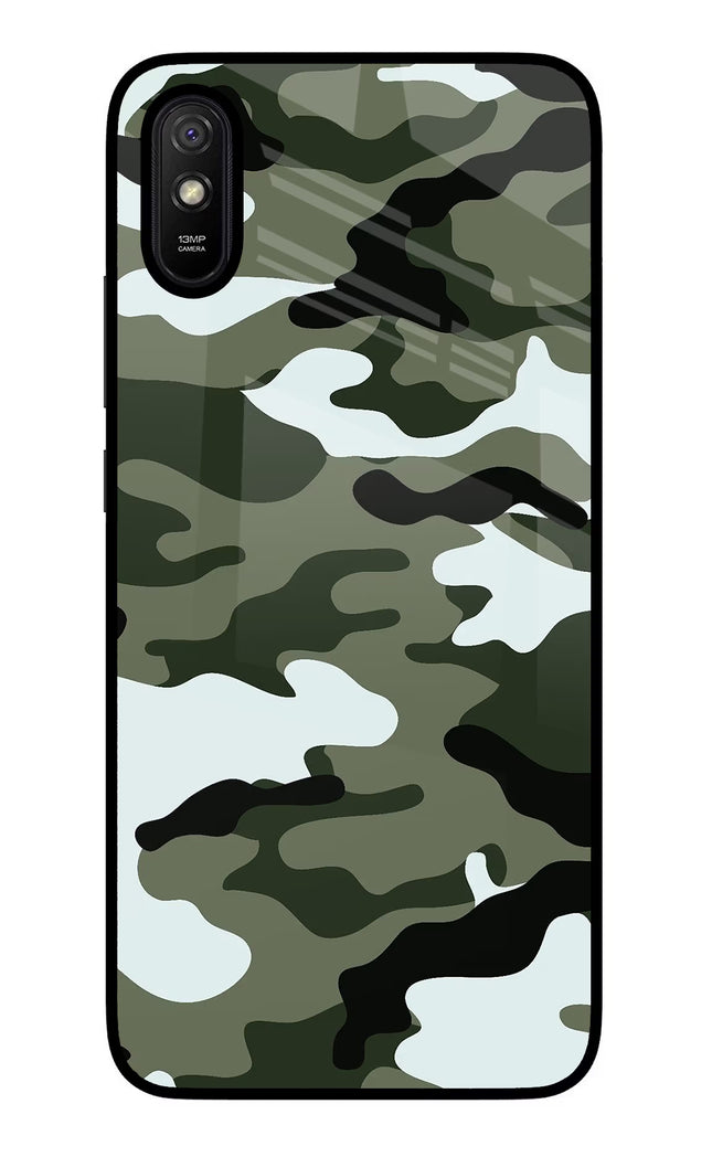 Camouflage Redmi 9A/9i Glass Case Back Cover by Casekaro