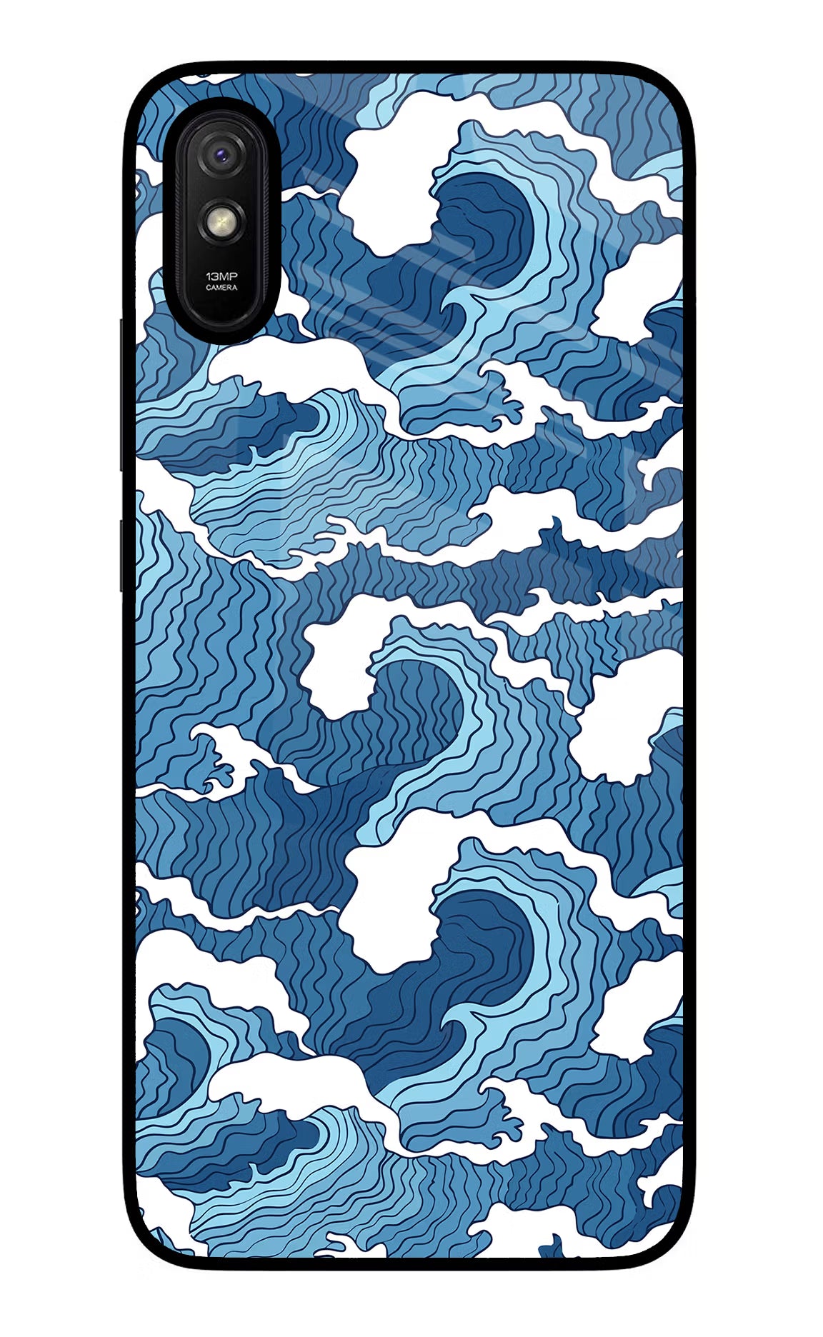 Blue Waves Redmi 9A/9i Glass Case Back Cover by Casekaro