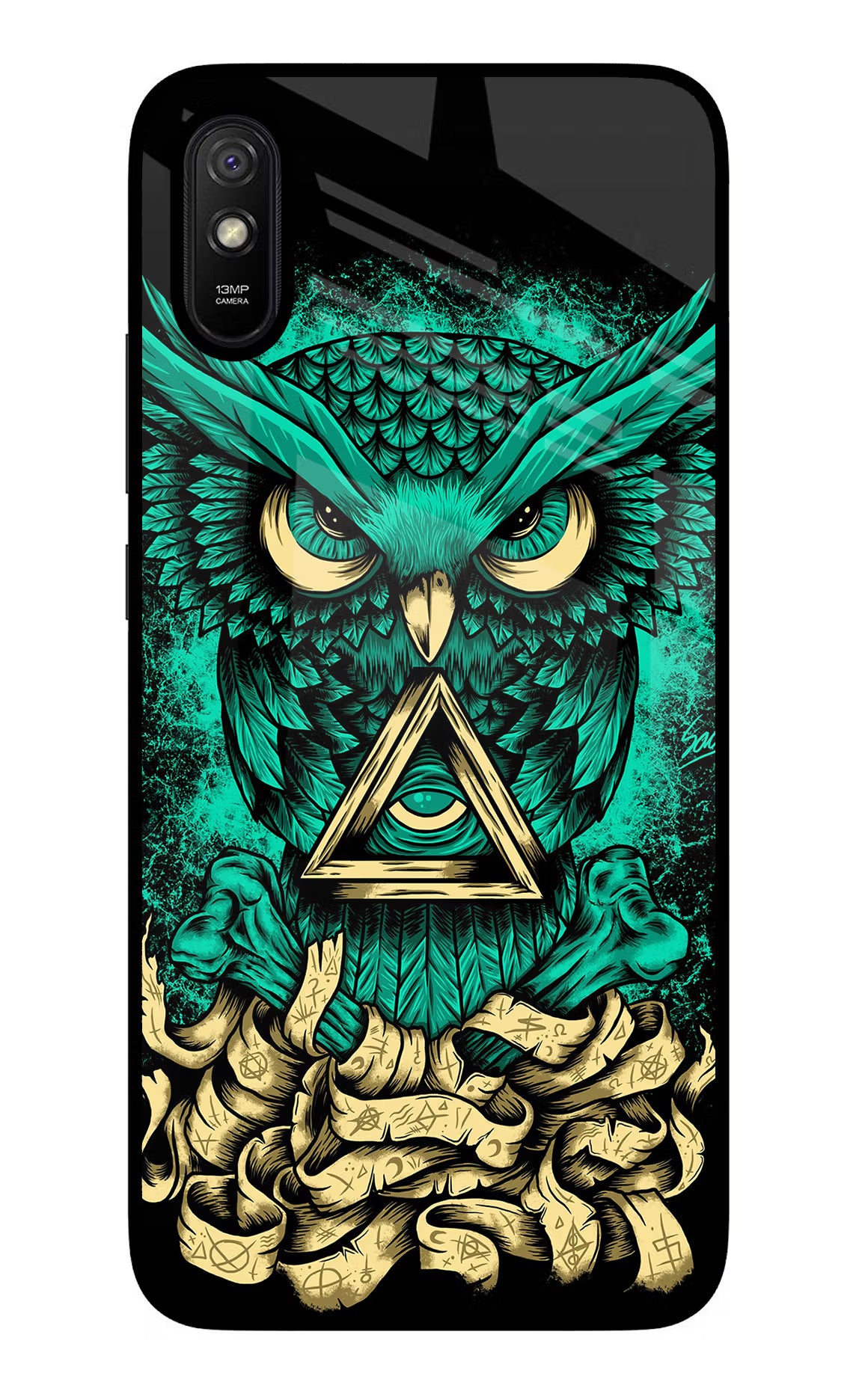 Green Owl Redmi 9A/9i Glass Case Back Cover by Casekaro