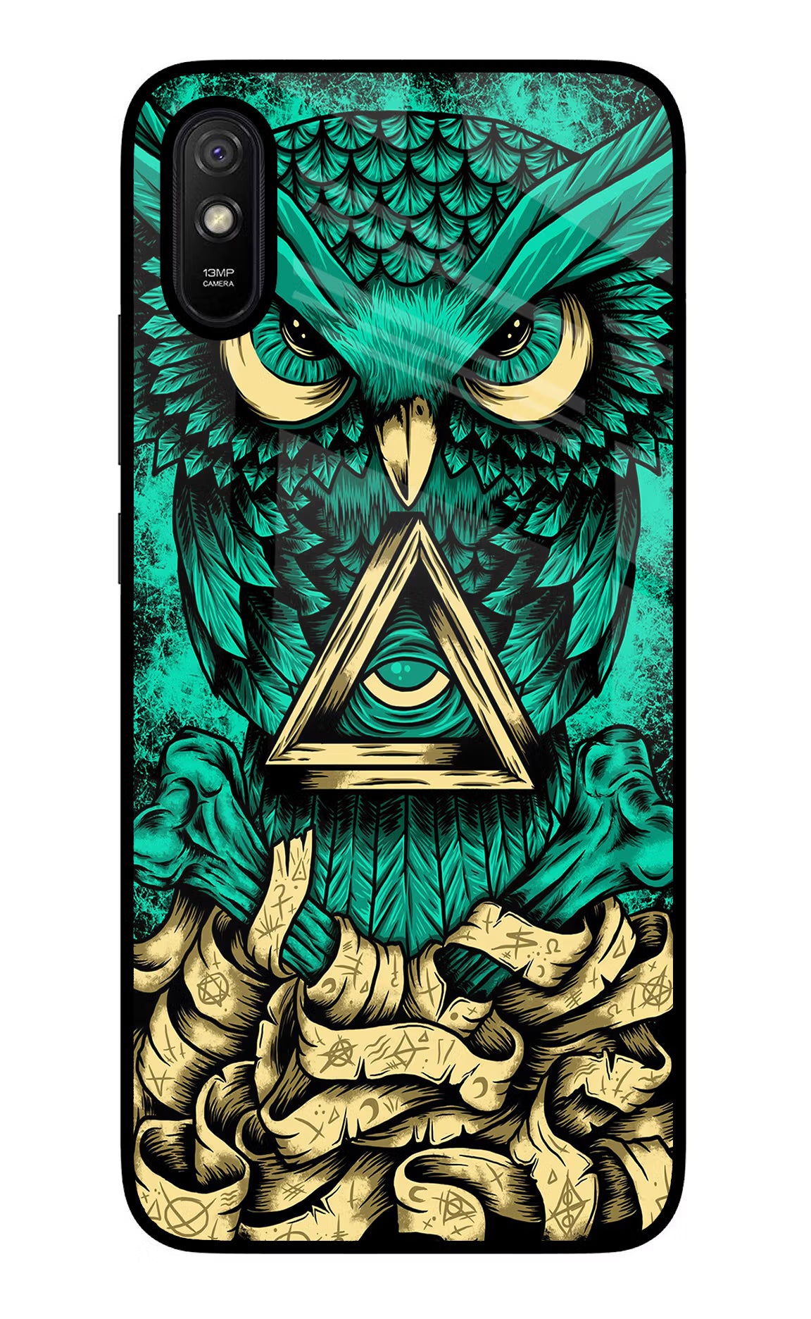 Green Owl Redmi 9A/9i Glass Case Back Cover by Casekaro