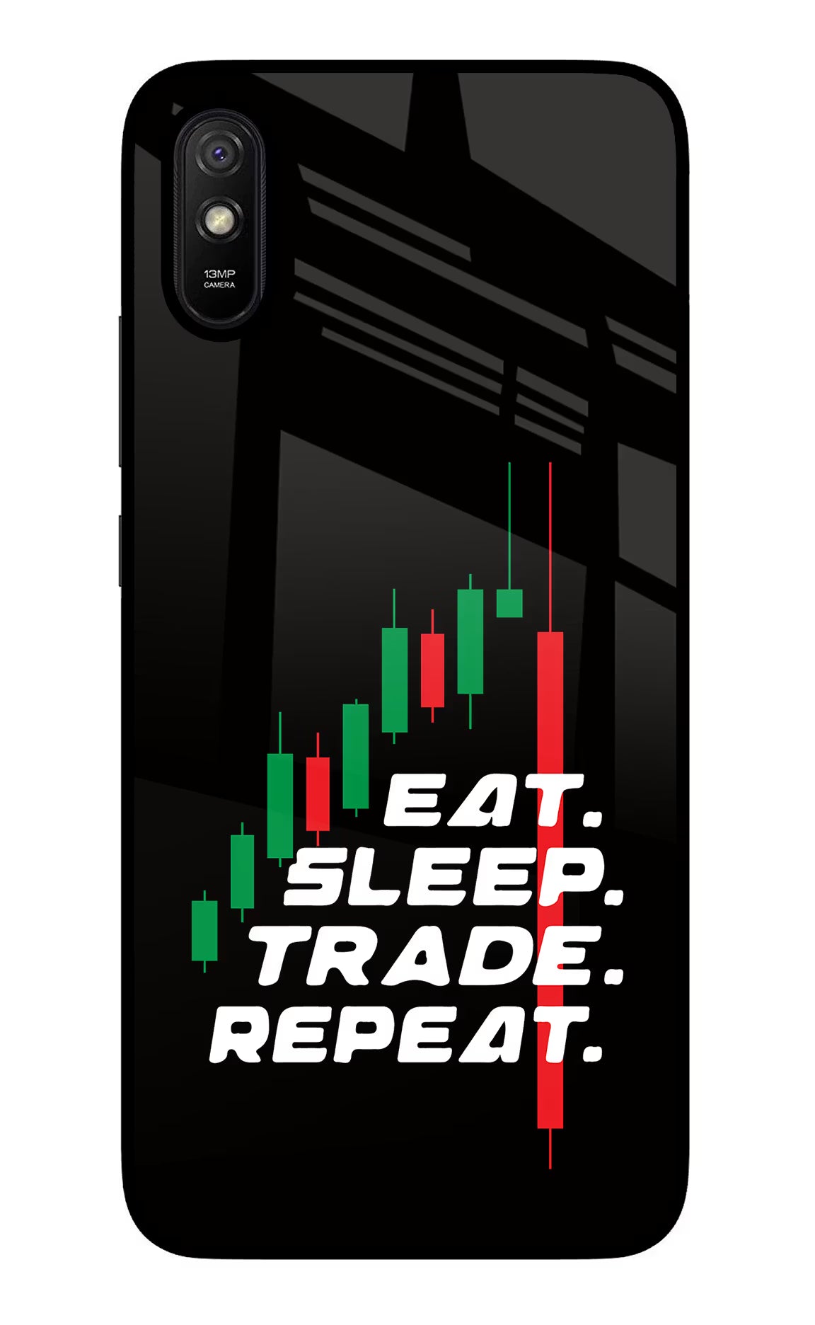 Eat Sleep Trade Repeat Redmi 9A/9i Glass Case Back Cover by Casekaro