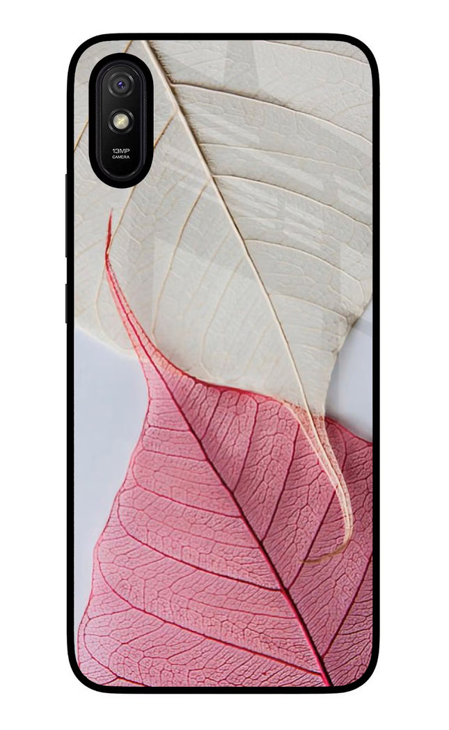 White Pink Leaf Redmi 9A/9i Glass Case Back Cover by Casekaro