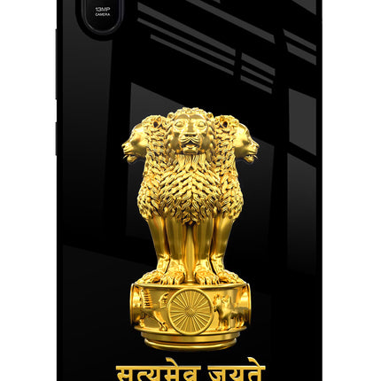 Satyamev Jayate Golden Redmi 9A/9i Glass Case Back Cover by Casekaro