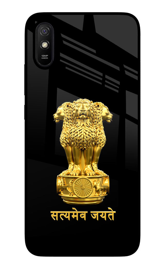 Satyamev Jayate Golden Redmi 9A/9i Glass Case Back Cover by Casekaro