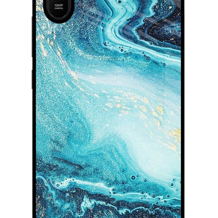 Blue Glitter Marble Redmi 9A/9i Glass Case Back Cover by Casekaro
