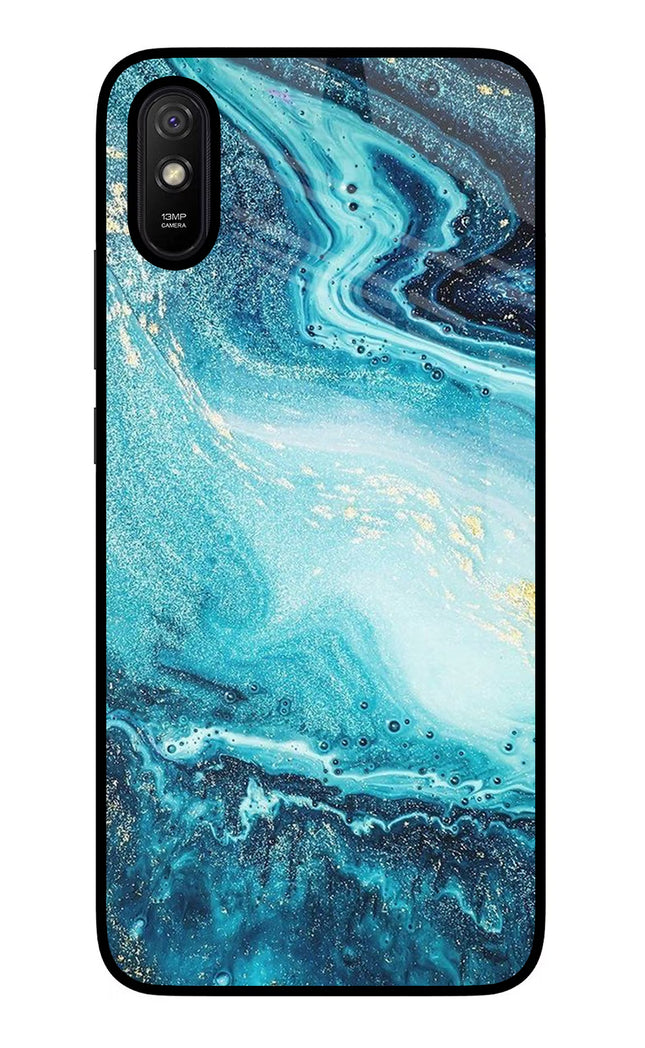 Blue Glitter Marble Redmi 9A/9i Glass Case Back Cover by Casekaro