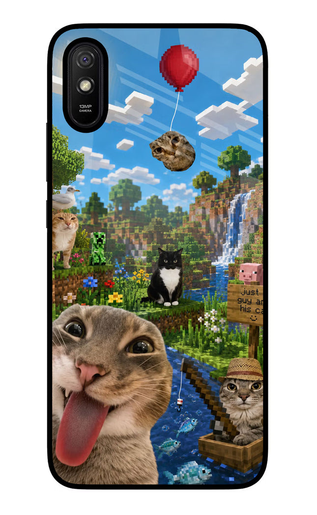 Minecraft Cat Chaos Redmi 9A/9i Glass Case Back Cover by Casekaro