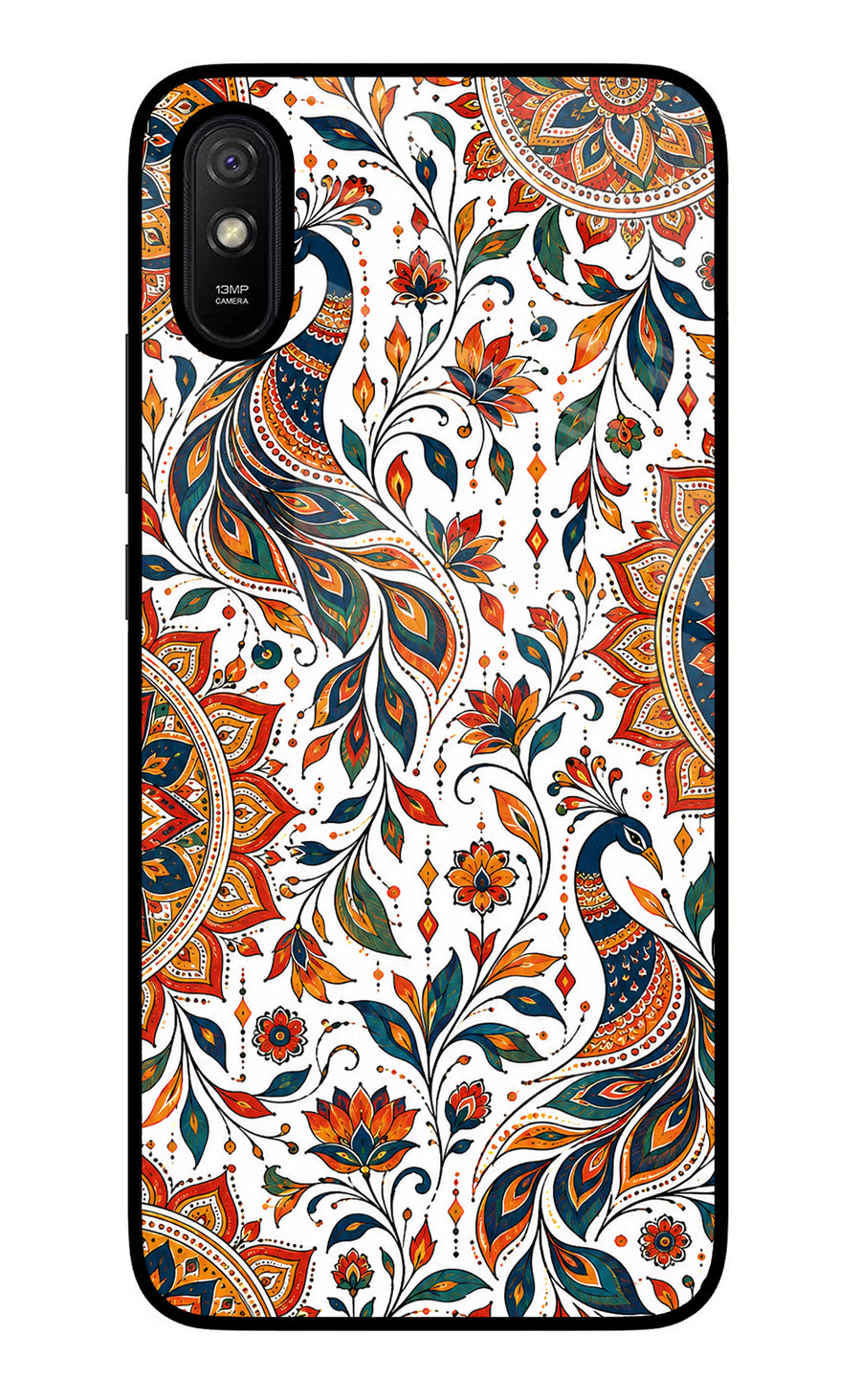 White Mayura Redmi 9A/9i Back Cover, Glass case