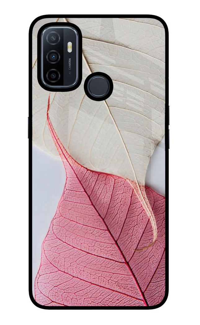 White Pink Leaf Oppo A53 2020 Glass Case Back Cover by Casekaro