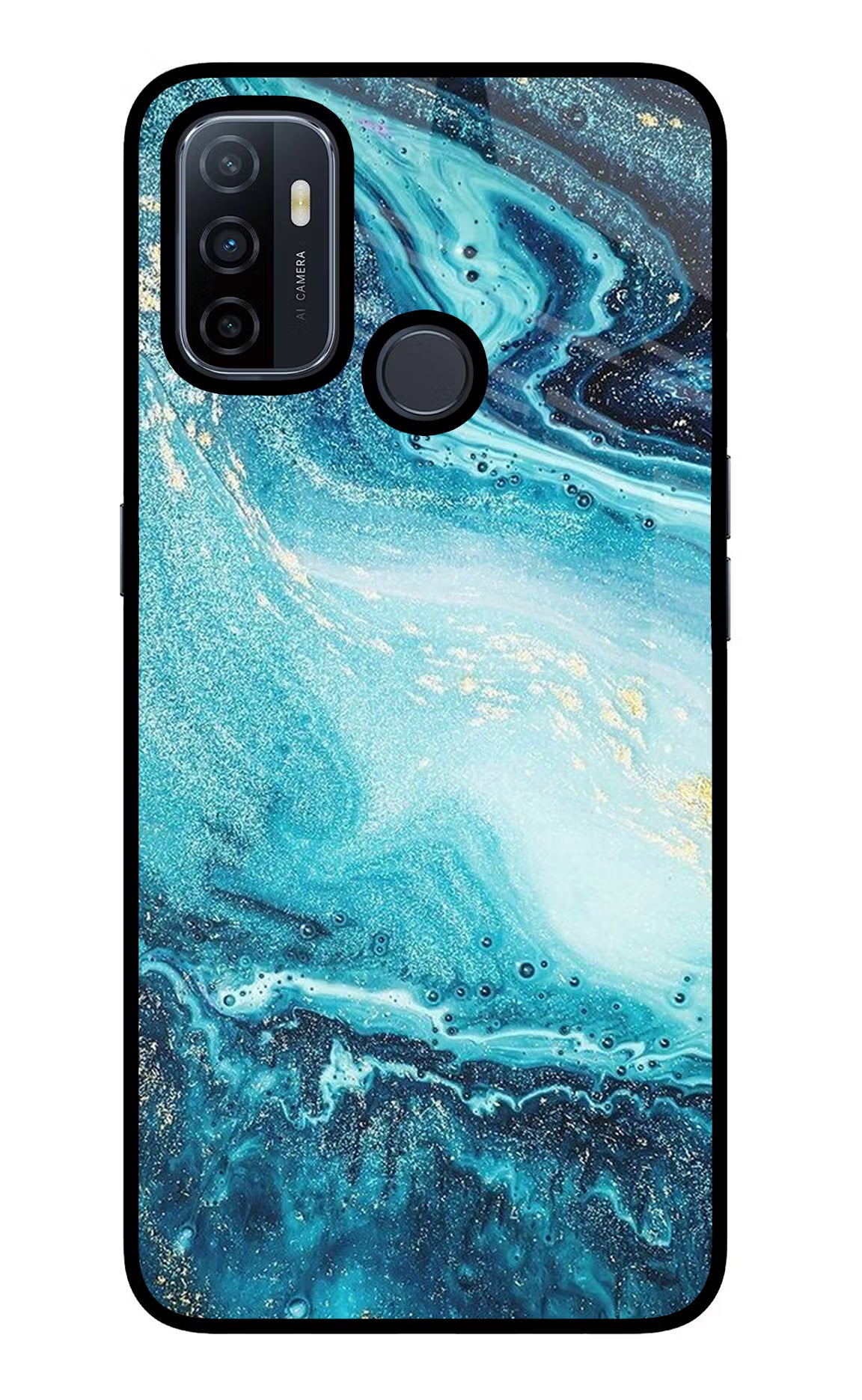 Blue Glitter Marble Oppo A53 2020 Glass Case Back Cover by Casekaro