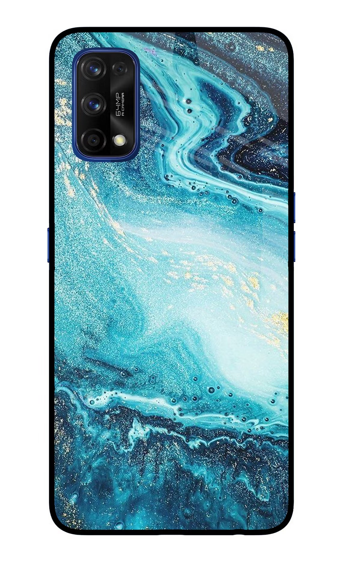 Blue Glitter Marble Realme 7 Pro Glass Case Back Cover by Casekaro